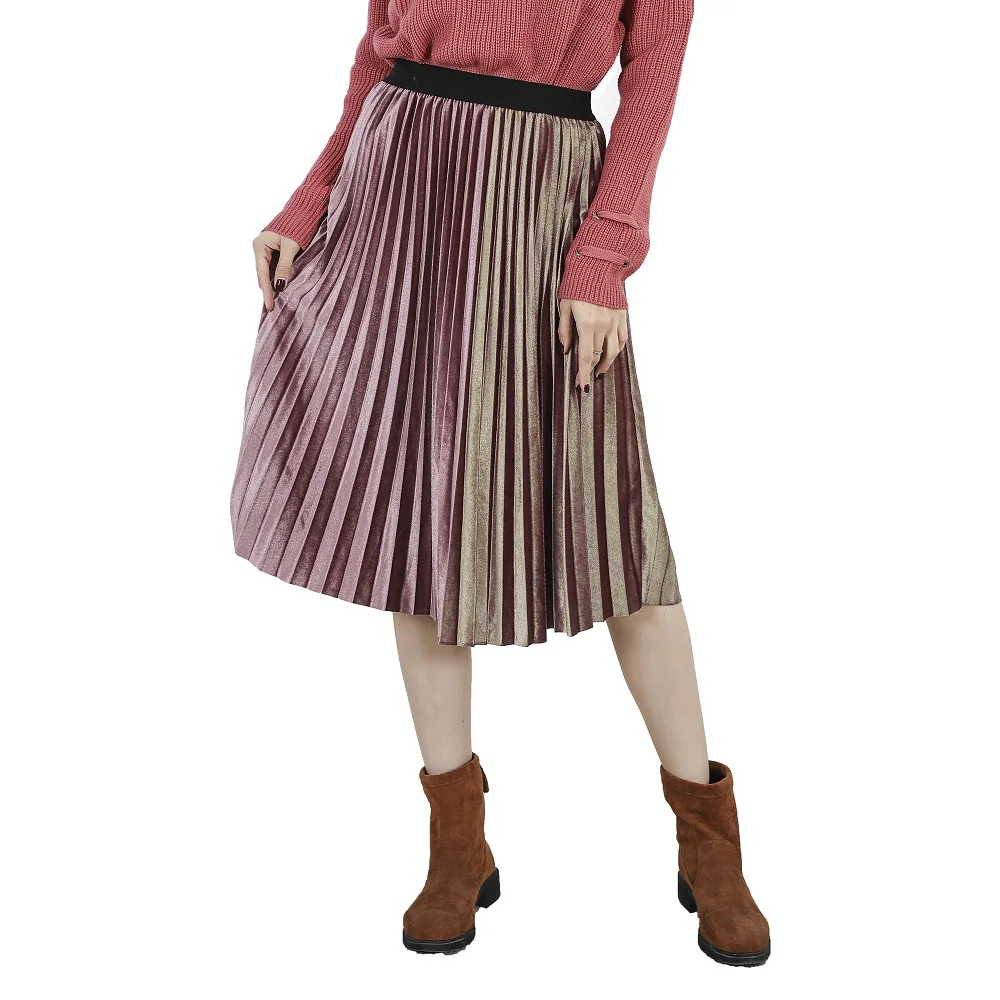 

Ladies Autumn Winter Velvet Skirt Women Patchwork High Waisted Skinny Large Swing Casual Long Pleated Skirts Female Midi Saia