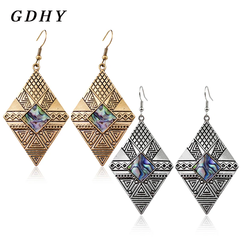 

GDHY Retro Geometry Rhombic Earrings Drop Earrings Indian Totem Pendant Earrings For Women Alloy Eardrop Jewelry Bijoux Brincos
