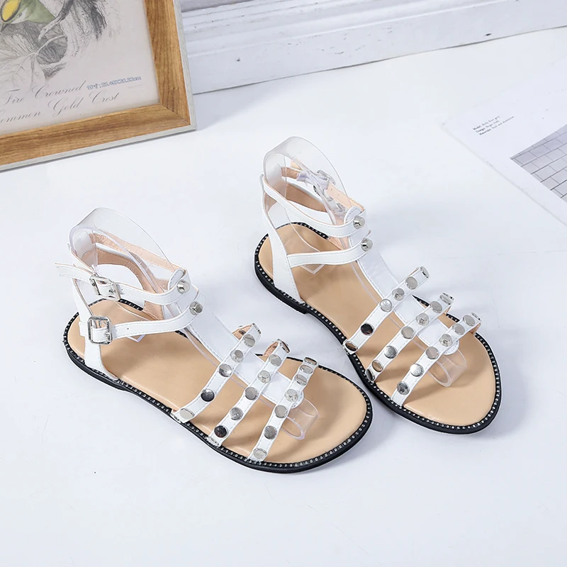 

Summer New Style Sandals Women Low Flat with Ankle Strap Sandals Korean Leisure Peep Toe Rivet Buckle Strap Sandals Students