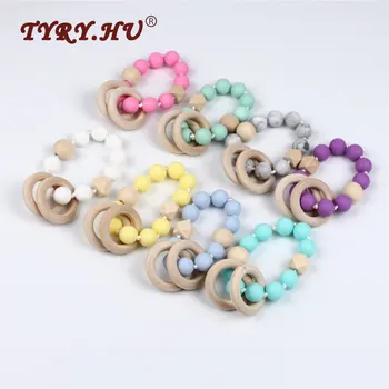 

TYRY.HU BPA Free Baby Silicone Teethers Chewable Bracelet With 15mm Roud Colorful Silicone Beads +70mm Wooden Ring Teething Toys