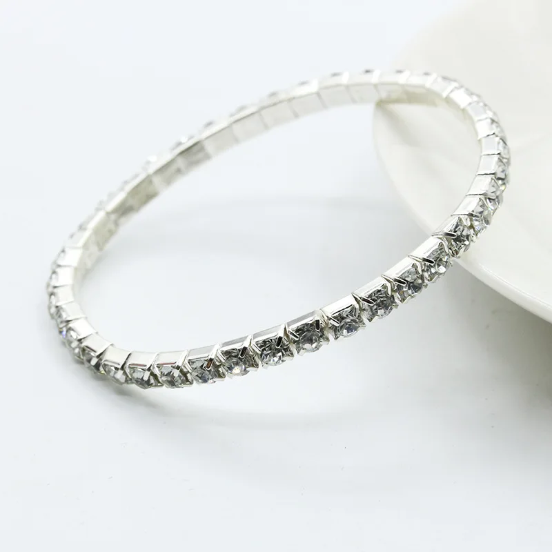 1 шт. полностью Кристальные эластичные однорядные браслеты сплав сверкающий комбинированный акриловый браслет для женщин, девушка, серебро - Окраска металла: 1 row
