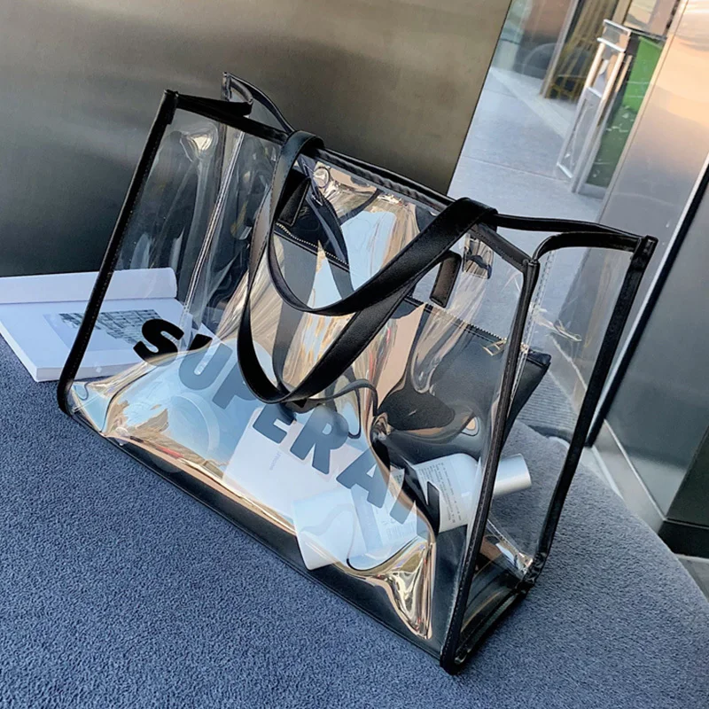 

Large Capacity Transparent Bag Clear PVC Top-Handle Tote Bag Girls Cute Composite Bag 2019 Messenger Bags Letter Shoulder Bag
