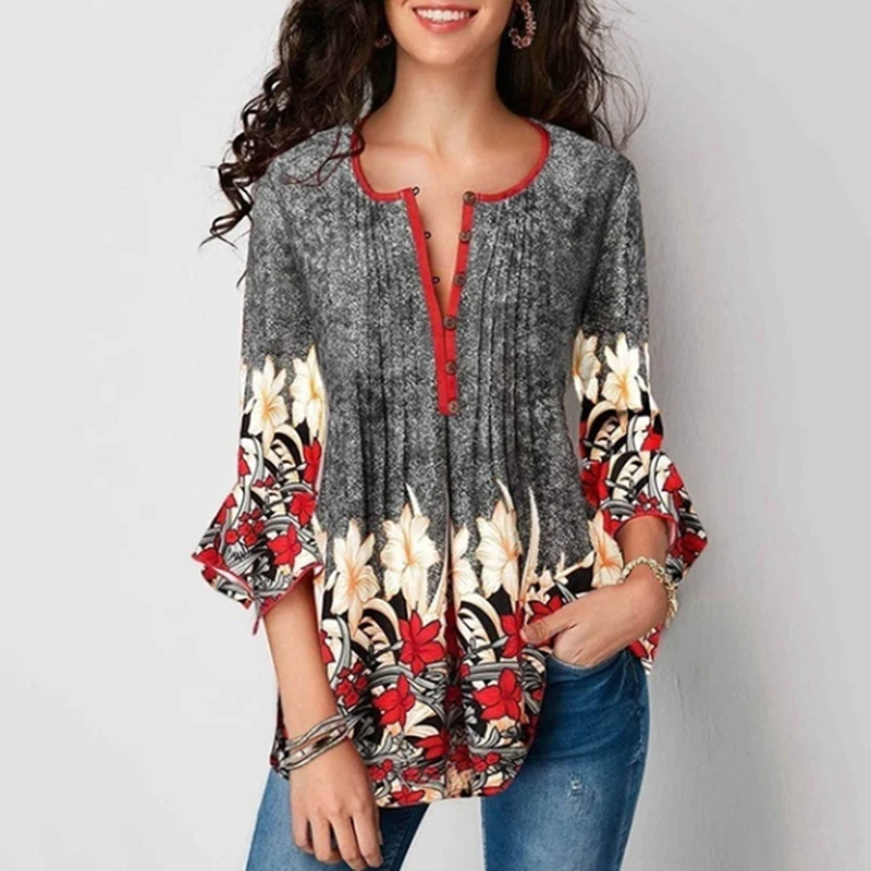 

2019 Vintage Women Summer Spring Blouses V Neck Floral Print Casual Loose Ruffled Three Quarter Sleeve Shirts Office Lady