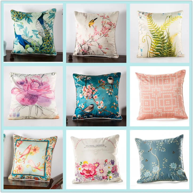 

New Thick Imitation Silk Cushion Cover 45x45cm Peacock Flower Bird Painted Chinese Pillow Case Sofa Office Cushion Home Decor