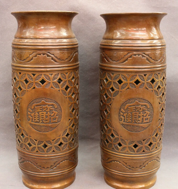 

USPS to USA S1765 16" Folk Chinese Bronze Copper Decoration Palace Statue Flower Vase Pot Pair (B0413)