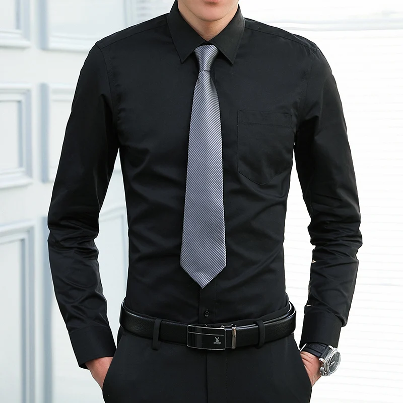 Мужская одежда с длинными рукавами, рубашки, хлопок, полиэстер, отложной воротник, простая мода, карман, Черная мужская деловая рубашка, большие размеры 5xl
