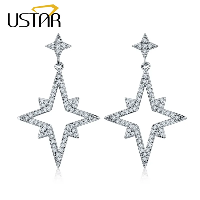 

USTAR Shining Star Drop Earrings for Women Pave Cubic Zirconia Sparkly Star Galaxy Wedding Jewelry Earrings female brincos