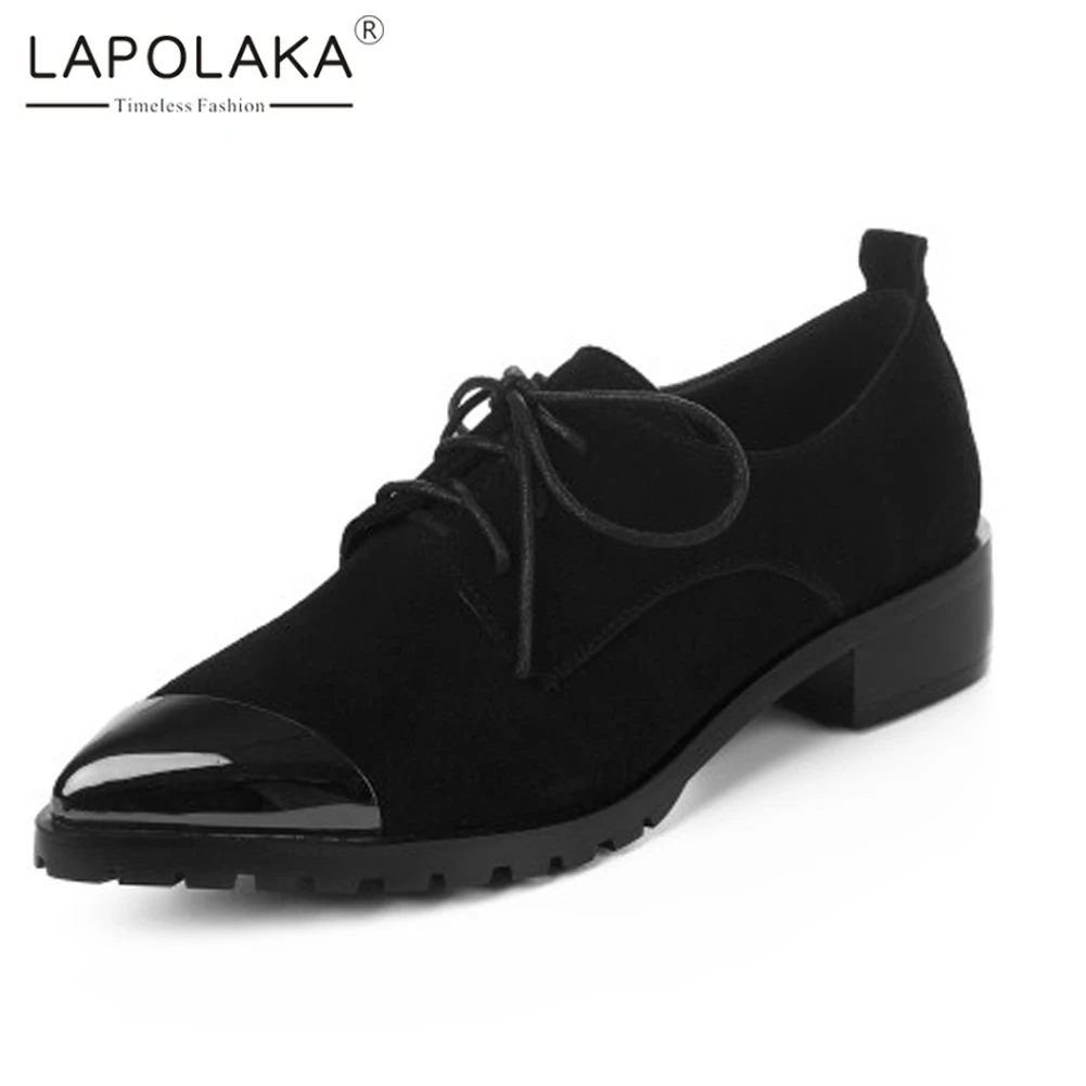 

Lapolaka Luxury Brand Genuine Leather Kid Suede Shoes Woman Flats Female Retro Pointed Toe Fashion British Shoelaces Women Shoes