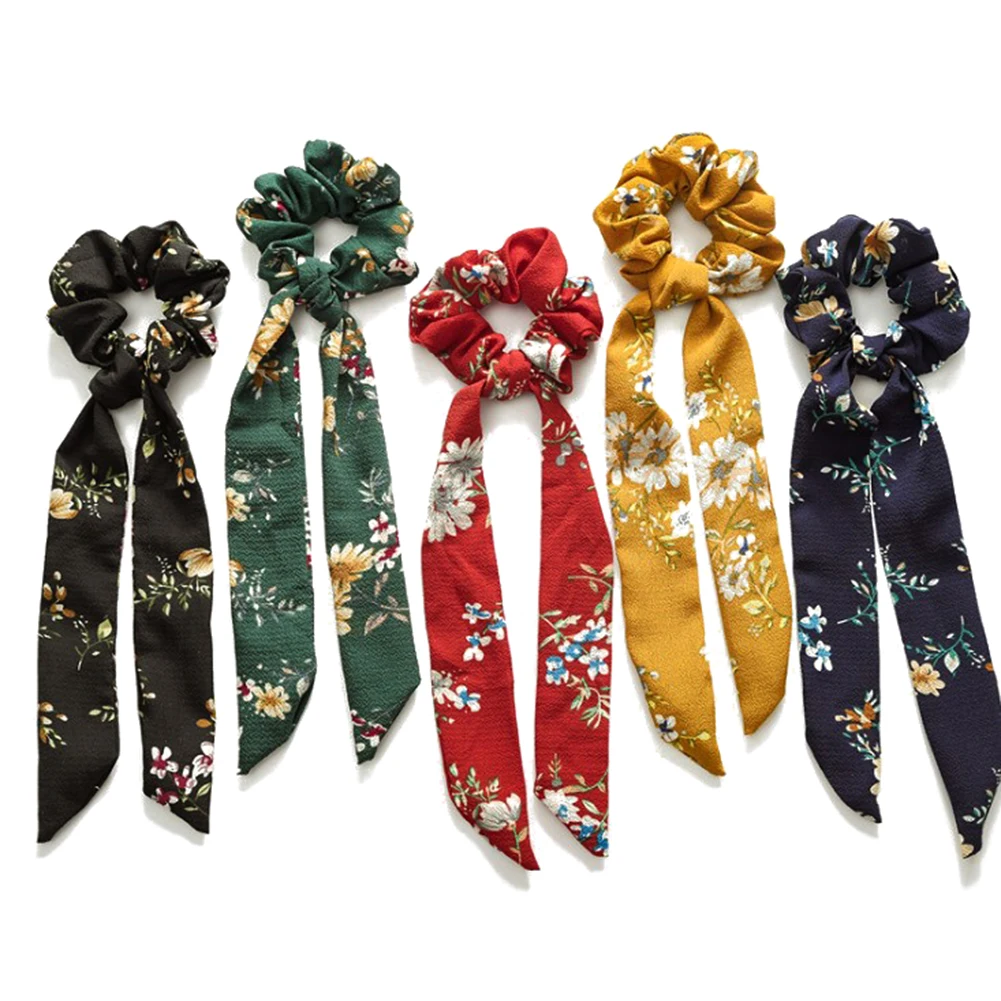 Floral Print Elastic Knot Ribbon Scrunchies Women Vintage Big Bow Fabric Hair Ties Girls Satin Hair Accessories Soft Hairbands
