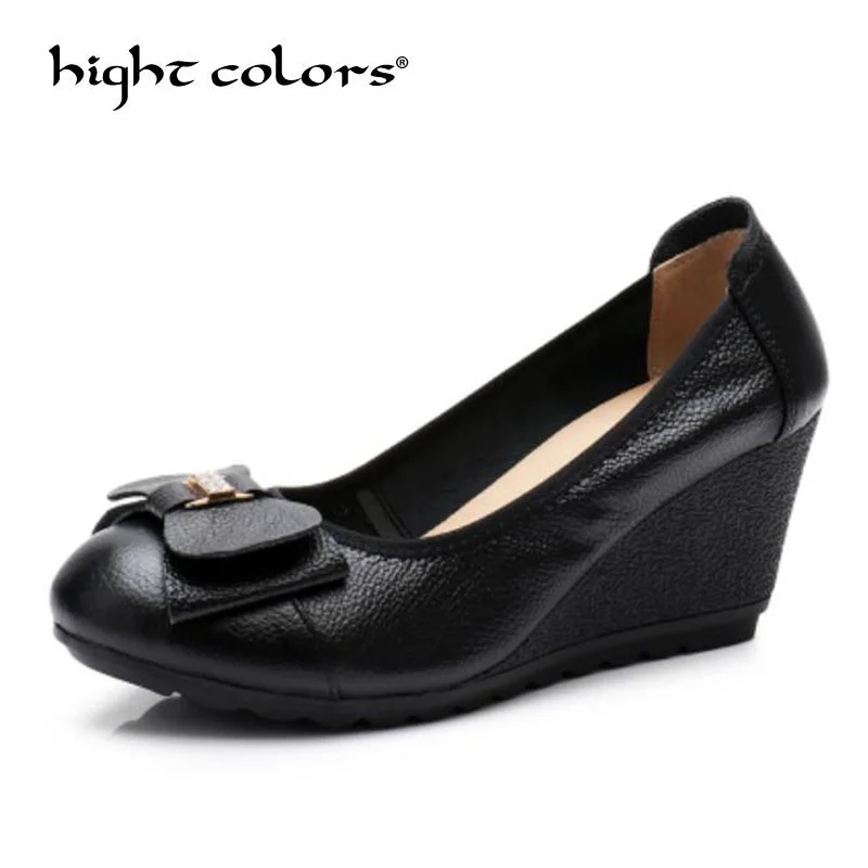

Women's Genuine Leather High Heels Shoes Slip On Classic Black&White Wedges Shoes For Office Ladies Shoes Woman Pumps