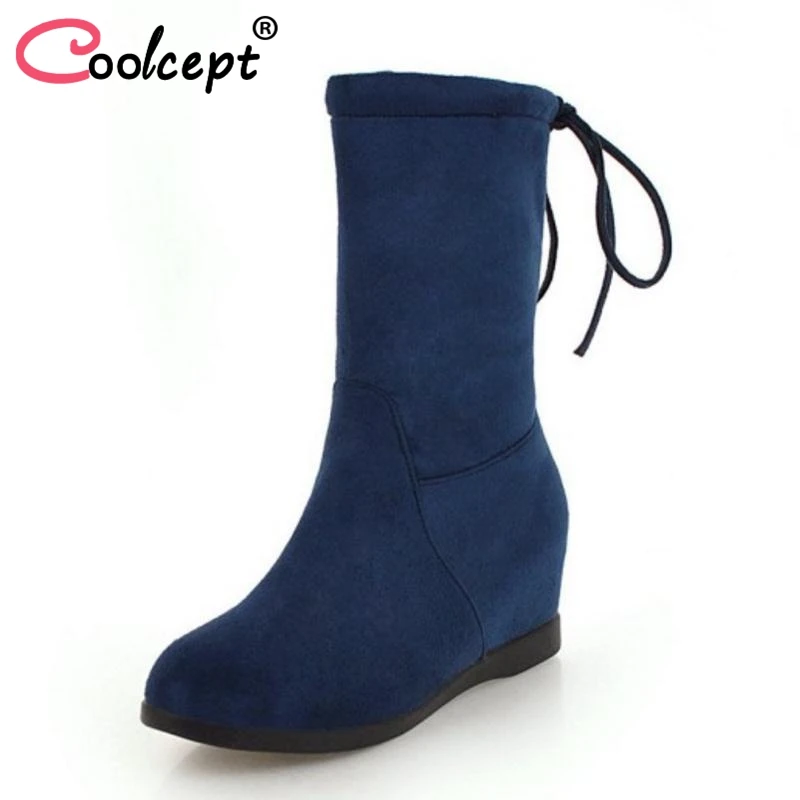 

Coolcept New Women Short Boots Lace Up Winter Fur Warm Mid Calf Boots Inside Heel Ladies Shoes Fashion Simple Shoes Size 34-43