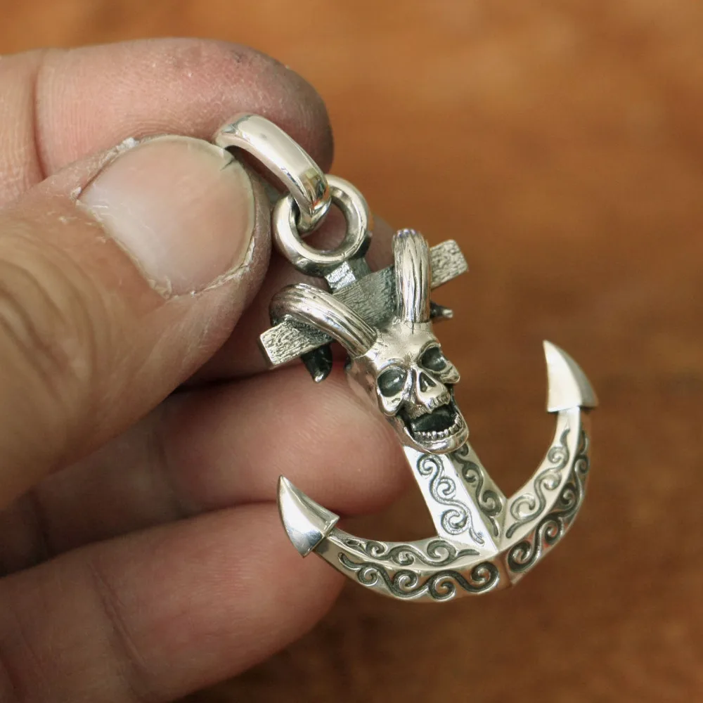 

925 Sterling Silver Devil Skull Anchor Pendant Mens Biker Punk Pendant TA142 JP