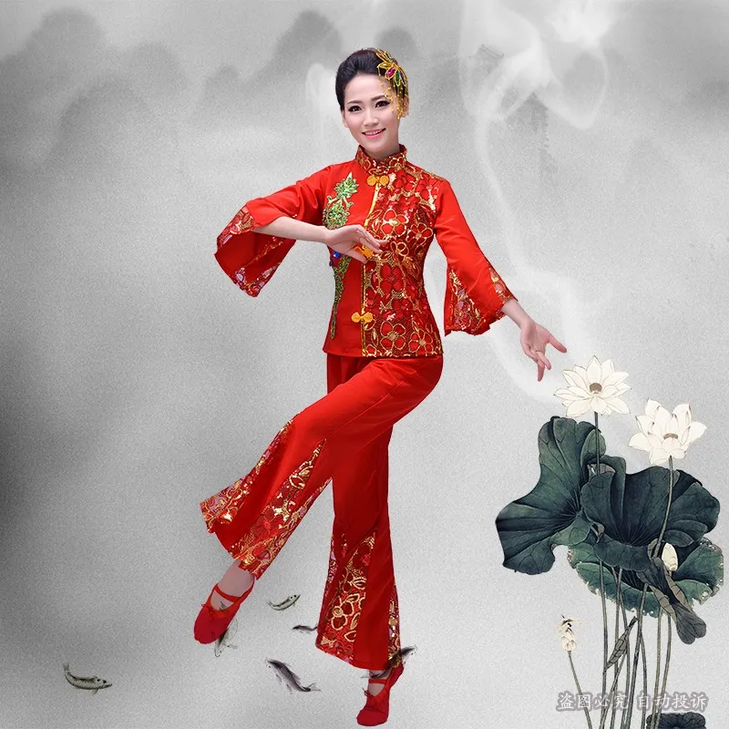 New autumn red old fan dance Chinese folk dance yangko dance clothing female stage costumes classical traditional dance