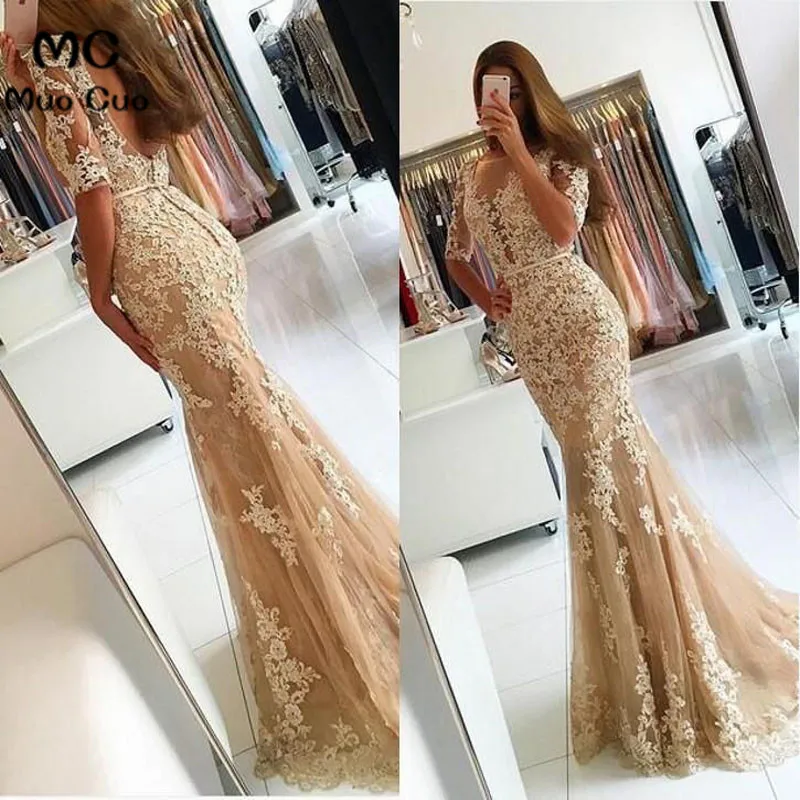 

2018 Mermaid Prom Dresses with Appliques V Neck Sweep Train Half Sleeve Backless Tulle Formal Evening Party Dress for Women