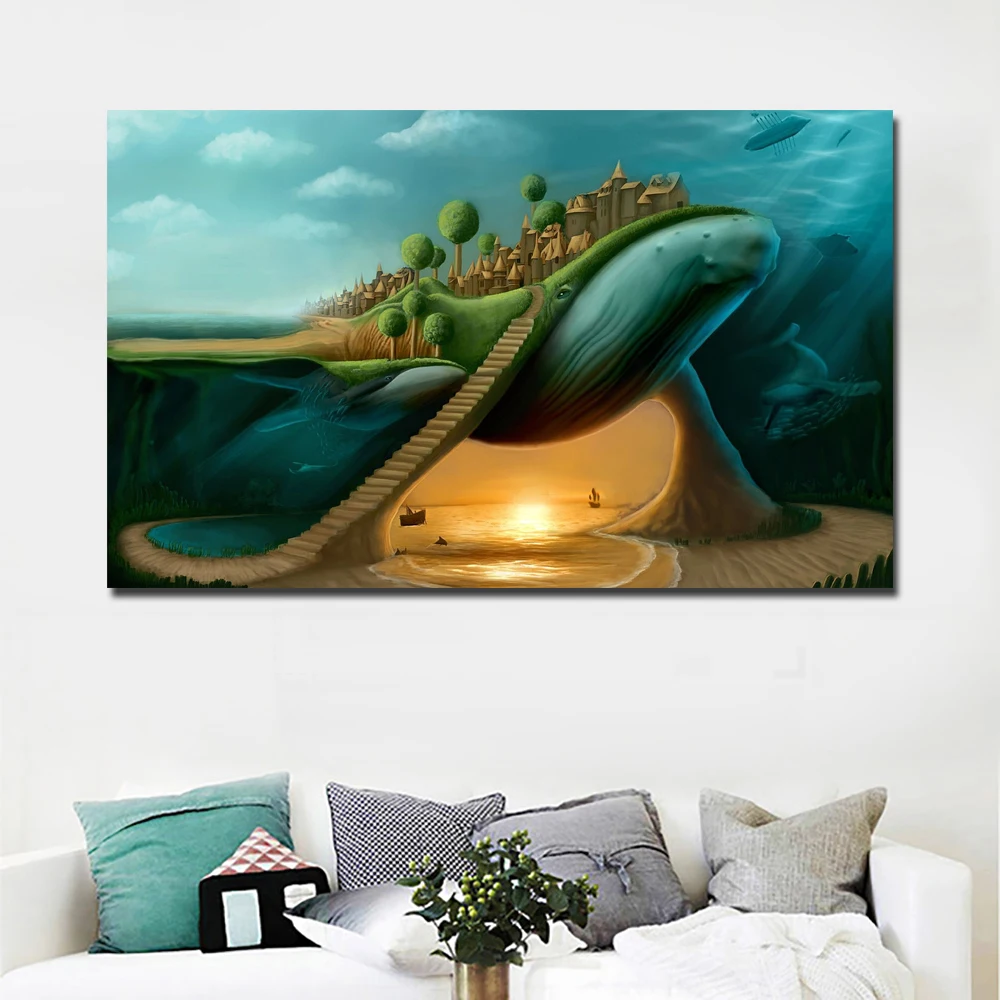 

Hotselling Abstract Art Surrealism Whale And Castle Printed on Canvas Wall Art Picture for Living Room Poster Cudros Decor