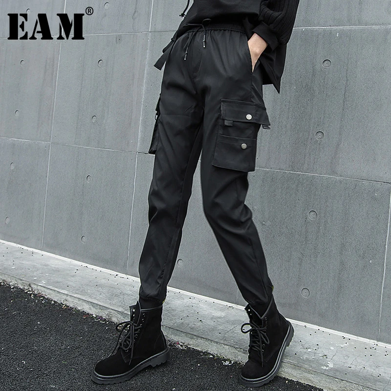 

[EAM] 2019Autumn Winter Woman Personality Stylish Solid Black Color Long Drawstring Pleated Pockets High Waist Harem Pants LE785