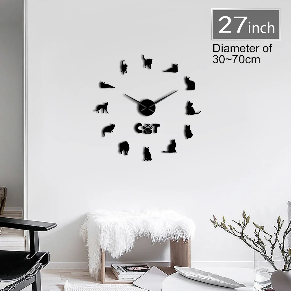 

Frameless Russian Blue Cat Breed Long Hands DIY Wall Clock Animals Design Kit Decoration Acrylic Mirror Surface DIY Clock Watch