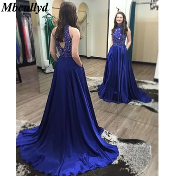 

Mbcullyd Long Royal Blue Bridesmaid Dresses New Elegant Halter Neck A-line Sleeveless Plus Size Wedding Guest Party Gowns2018