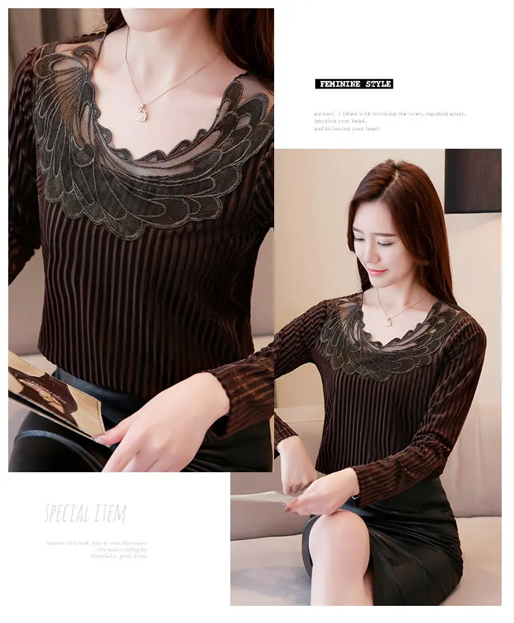 Winter Lace Patchwork Velour Blouse Women Plus Size Tops Ladies Casual Long Sleeve Femme Shirt Autumn Terciopelo Blusas Mujer (11)