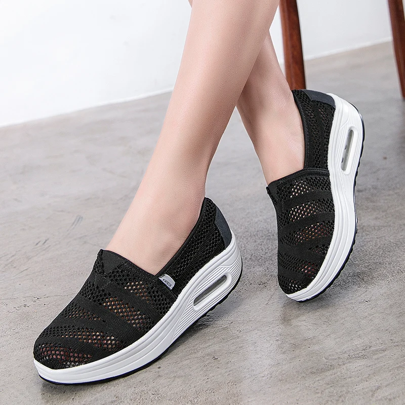 

Spring Summer Women's Mesh Toning Wedges Platform Shoes Slip On Breathable Height Increasing Walking Traveling Shoes
