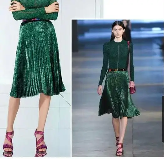 Heydress Весна Лето Новые металлические цвета женские плиссированные юбки Повседневная Юбка До Колена женская зеленая синяя красная юбка с высокой талией - Цвет: Зеленый