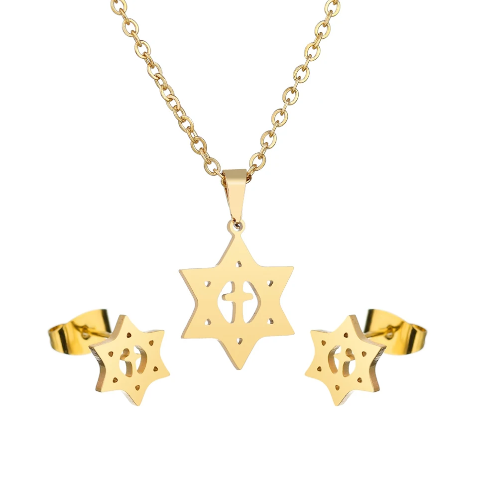 

Stainless Steel Hollow David Star Hexagram Stud Earrings Necklace Set for Women Trendy Gold Color Jewelry Bijoux for Female 2018