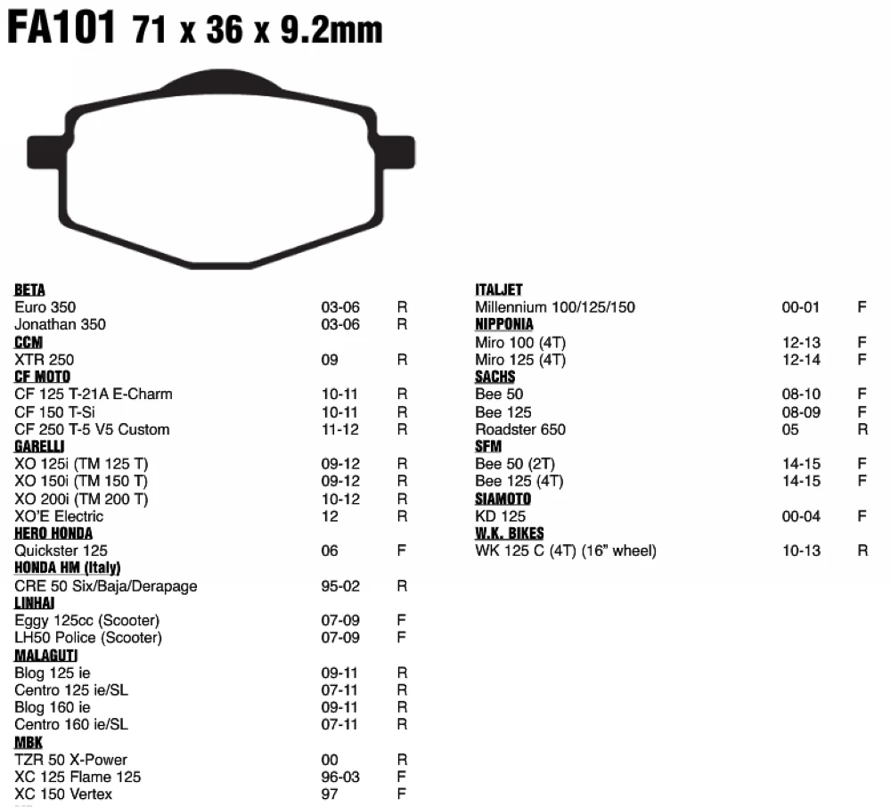 Передние/задние тормозные колодки для Yamaha TZR 50 YSR DT 80 125 YBR YZF XC 200 XT 225 SERROW YTZ 250 TT