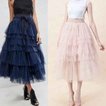 

Tulle Skirts Womens Midi Ruffle Skirt Women 2019 Summer Elastic High Waist Mesh Tutu Skirt