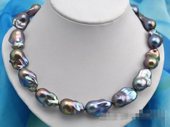 

HOT## Wholesale FREE SHIPPING Rare 18.5" 28mm baroque black keshi reborn pearl necklace