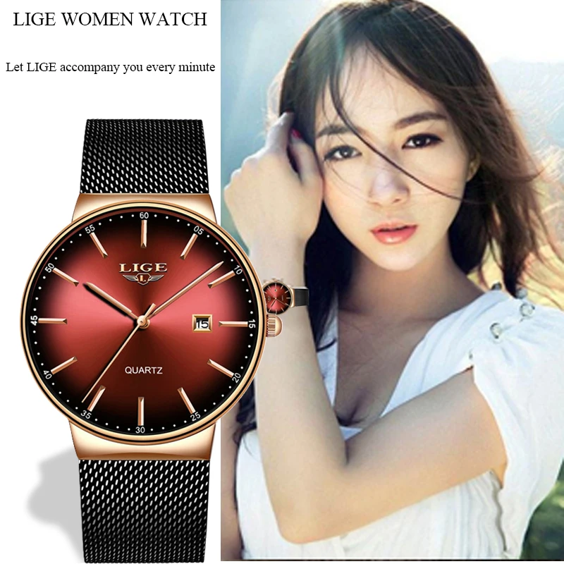 

Montre Femme LIGE New Luxury Ladies Watch Fashion Simple Watches Women Black Mesh Belt Quartz Watch Women Clock Relogio Feminino
