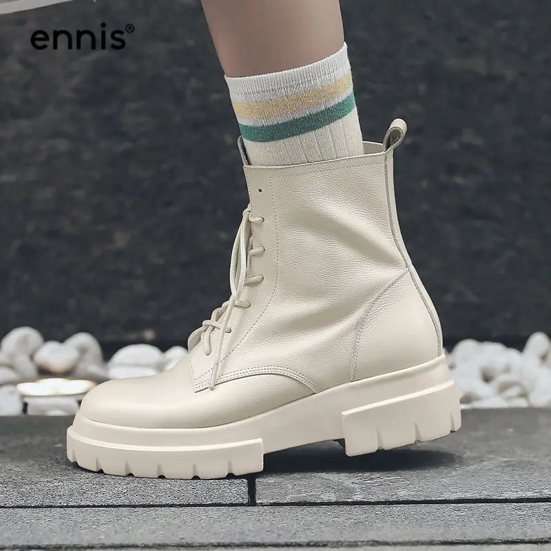 

ENNIS 2019 Martin Winter Boots Women Genuine Leather Ankle Boots Platform Heel Lace Up Boots Flat Winter Shoes Black Beige A8196