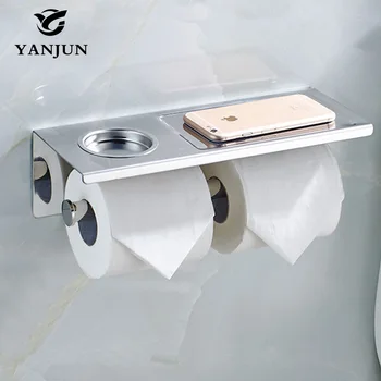 

Stainless Steel Toilet Paper Holder With Shelf Adhesive Double Tissue Holder With Mobile Rack Bathroom Accessories YJ-8823