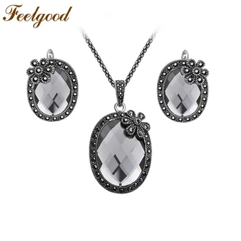 

Feelgood Antique Silver Color Vintage Jewellery Sets Fashion Design Flower And Gray Crystal Pendant Necklace Earrings For Women