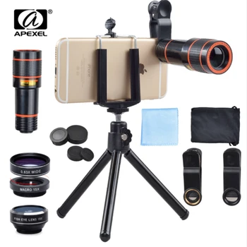 

APEXEL Universal 6 in 1 tripod 12X Zoom Telescope Fisheye Wide Angel Macro Lens For iPhone 6 7 Samsung S8 S7 android smartphone