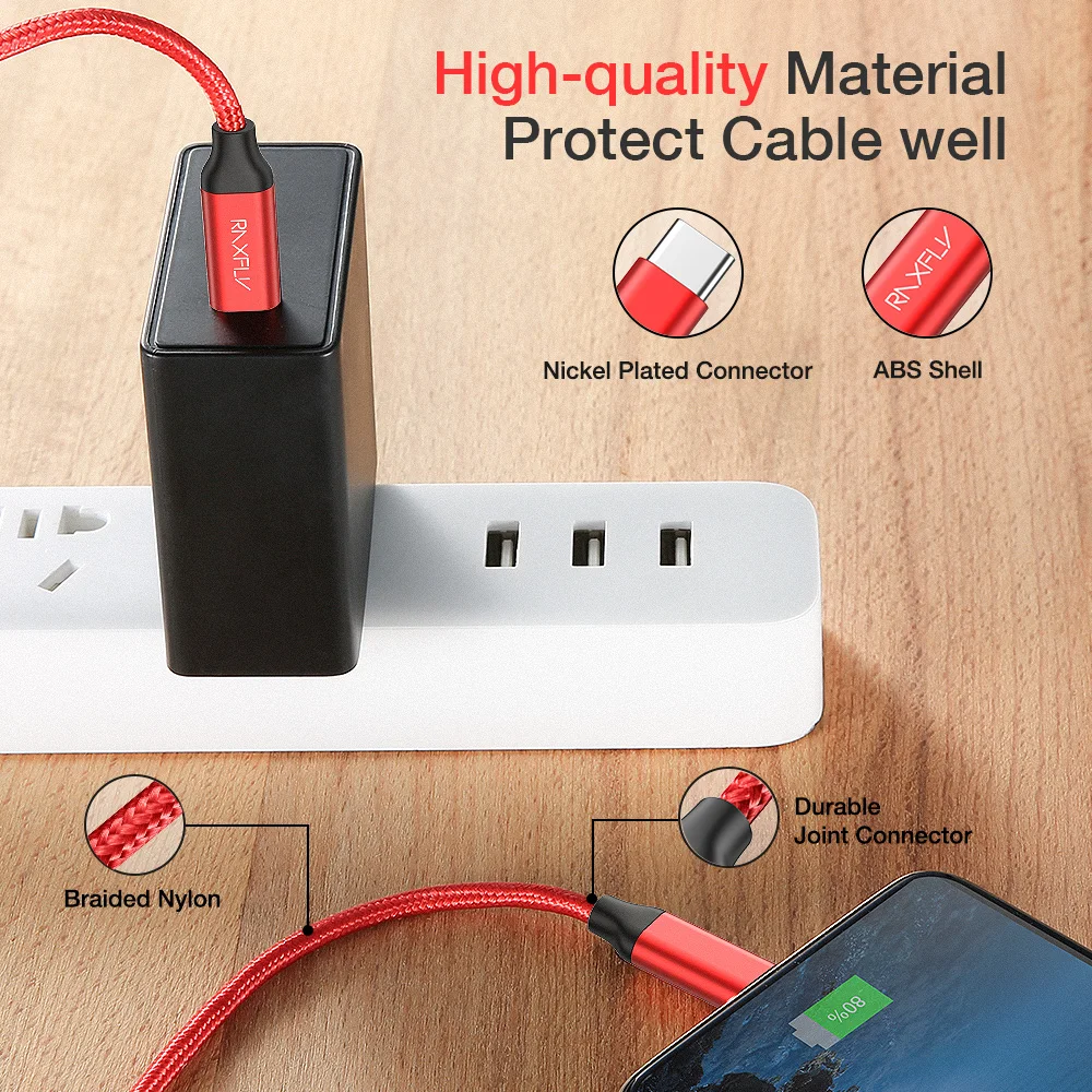 RAXFLY USB tipo C a USB-C Cable para Xiaomi Redmi Note 7 Samsung S9 tipo C Cable de carga rápida with de la policía de carga rápida USB-C Cable
