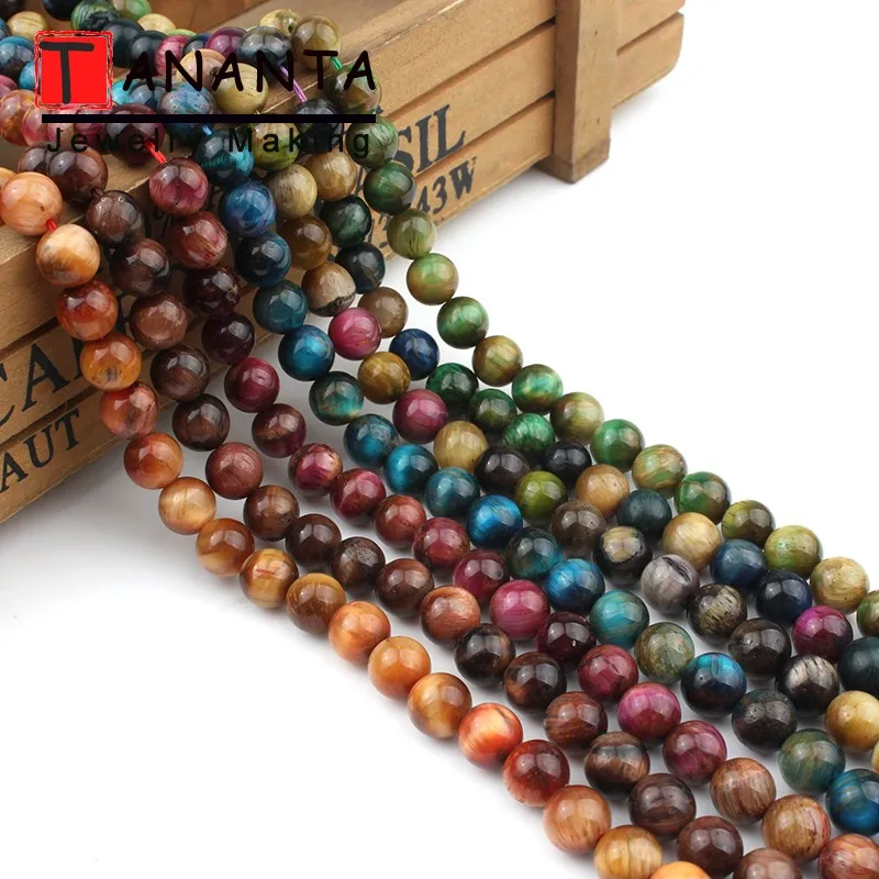 

AAA Natural Stone Beads 8mm Blue Red Yellow Colorful Tiger eye Round Loose Beads For Jewelry Making DIY Bracelets Necklace 15''