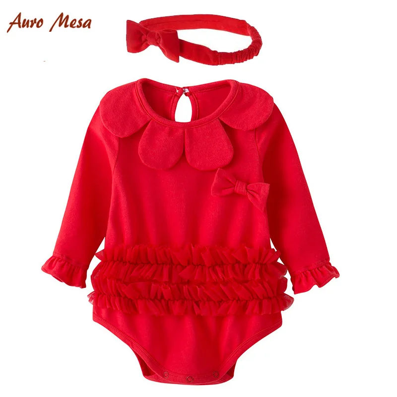 Newborn Baby Bodysuits Full Sleeve Red Lace Baby Girls Princess Clothes