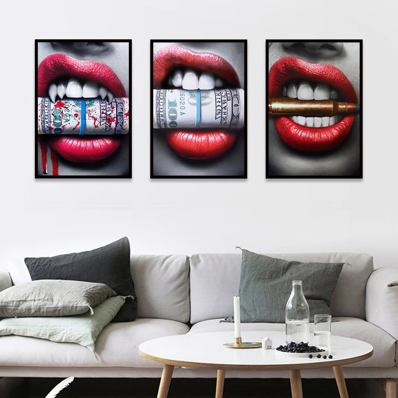 WANGKA-Wall-Art-Prints-Posters-Sexy-Red-Lips-Bite-Bullet-and-Money-Modern-Canvas-paintings-For