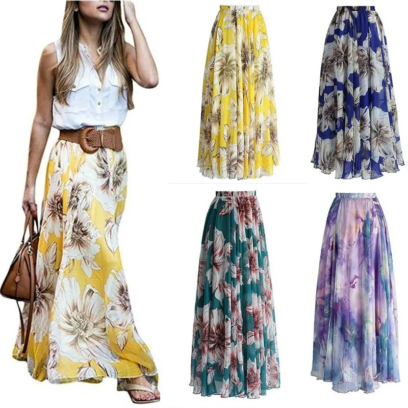 Zogaa корейский стиль фея женщин Винтаж цветочные Цепи Эластичный пояс с принтом длинная юбка летняя пляжная юбка Повседневная Saias Mujer