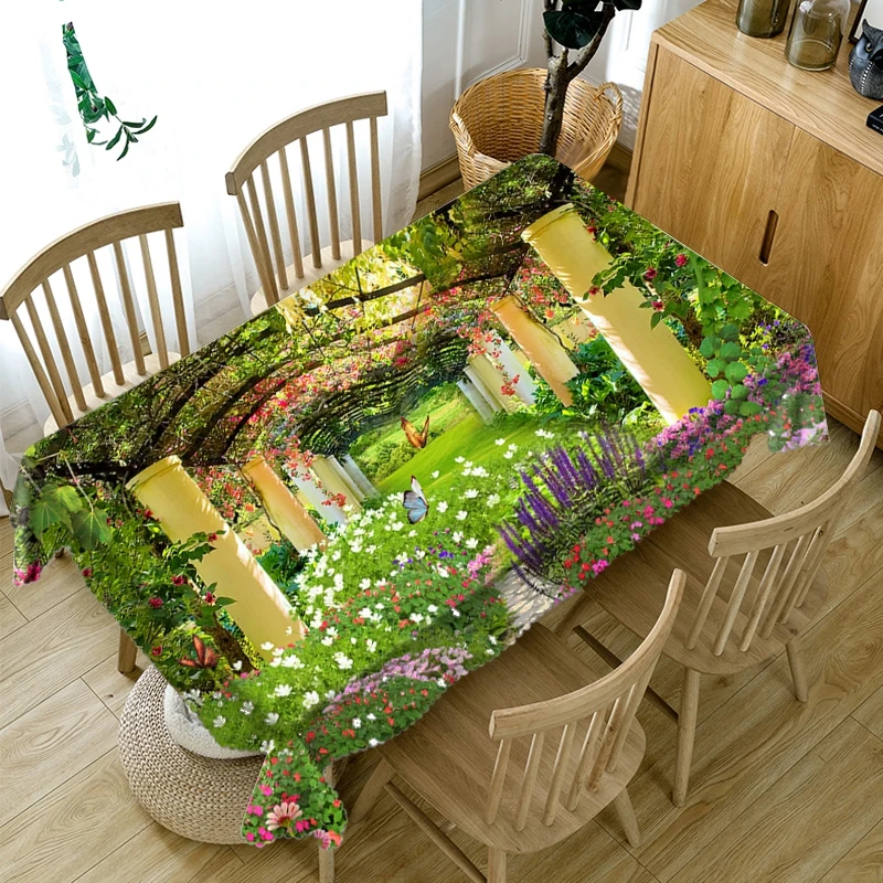 

Manor Flower and Brook Thicken Cotton Tablecloth 3d Green World Seascape Washable Cloth Rectangular and Round Table Cloth