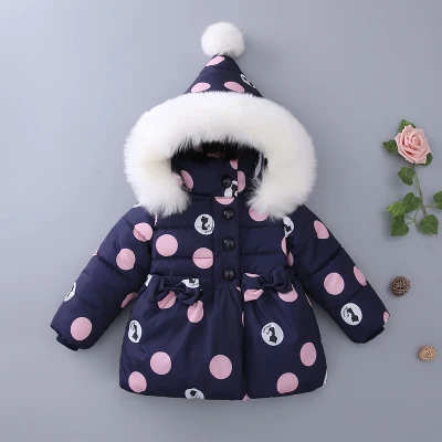 

2017 winter baby coat cotton polka dot cute hooded warm outwear 1 years old clothes faux fur collar