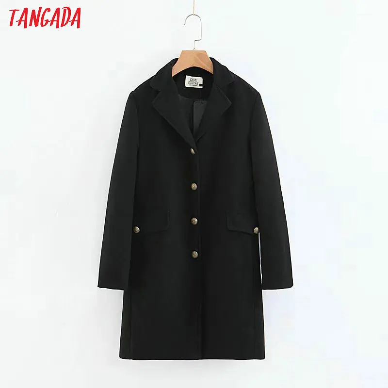 Tangada 2018 women black winter coat long elegant korean style long ladies coat single breasted pockets outwear QB75