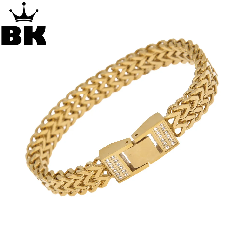 

THE BLING KING Stainless Steel Gold Color CZ Franco Box Link ID Bracelet 10mm Width Micro Paved Cubic Zirconia Chain