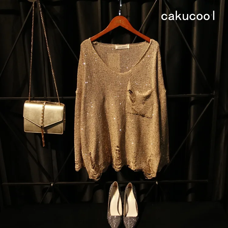 Cakucool Для женщин блестками свитер Весна карманов рваные Bling Джемперы свободные