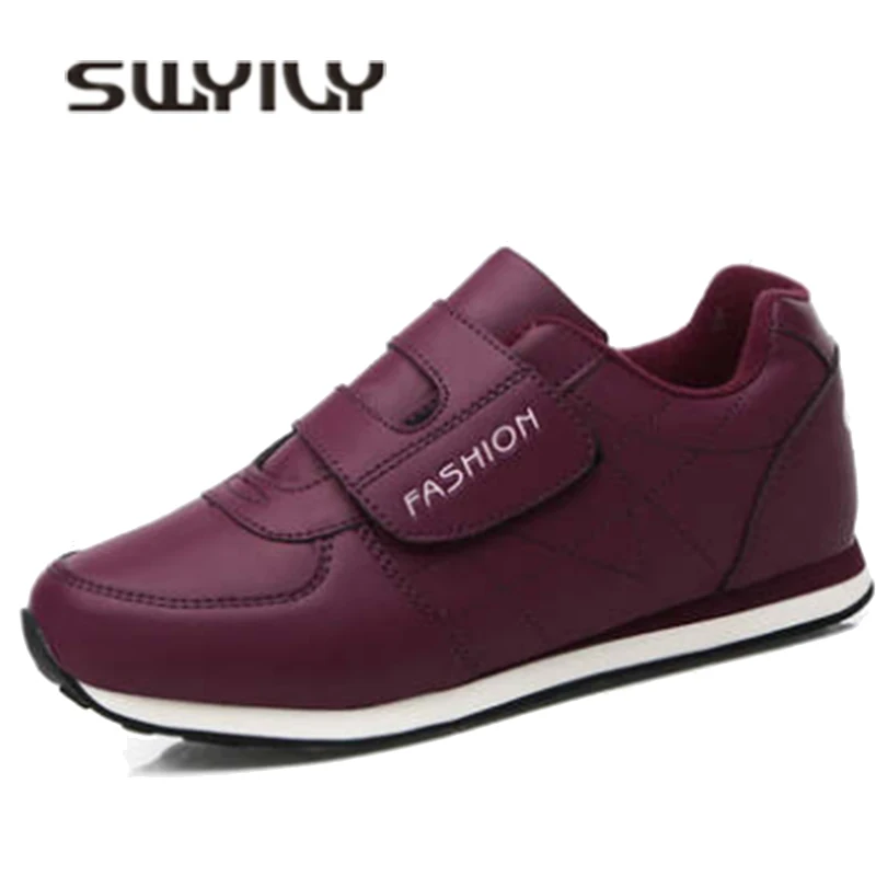 SWYIVY Women Walking Shoes Outdoor Light Hook&Loop Easy-wear 2018 Rubber Soft Sole Mother Variety Plush Causual Shoes Large Size