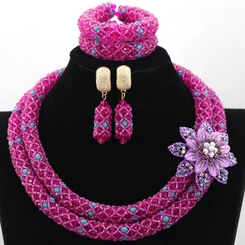 

Splendid Fuchsia Pink Mix Blue Balls Crystal Costume Necklaces Nigerian Wedding African Beads Jewelry Set Free Shipping HX927