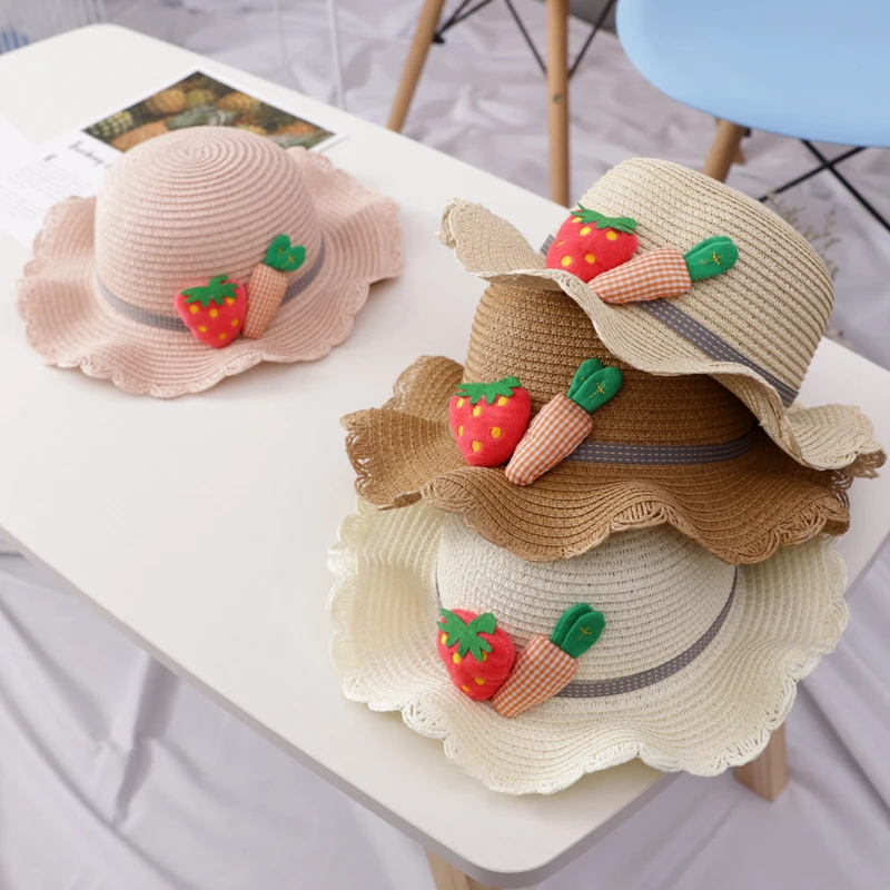 

Summer Kids Straw Hats Strawberry Carrot Children Beach Caps Photography Props Baby Girl Sunscreen Caps+Shoulder Bag 2pcs Set