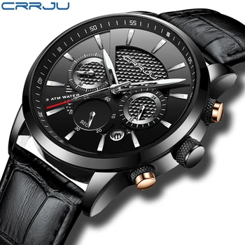 

Luxury Brand CRRJU New Fashion Men's Chronograph Men Sport Watch High Quality Leather Strap Quartz Wristwatch Relogio Masculino