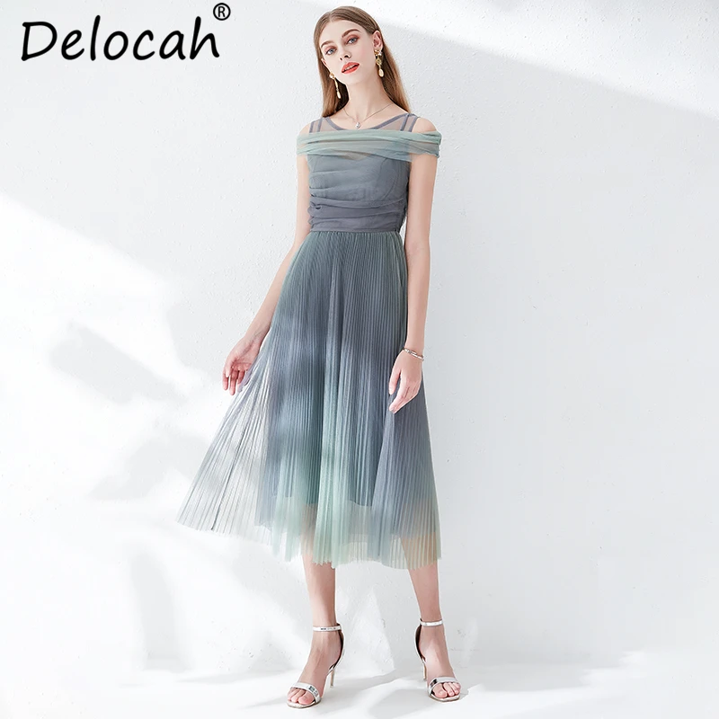 Delocah New 2019 Women Spring Summer Dress Runway Fashion Designer Pleated Mesh Overlay Elegant Vintage Ladies Vacation Dresses