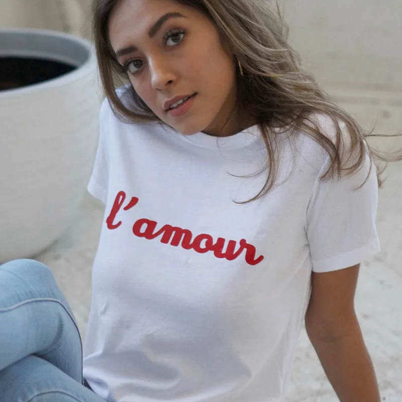 2018 Harajuku L' Amour французский Письмо Печатные Для женщин футболка Повседневное футболка летние шорты рукавом женский футболка Забавный Harajuku